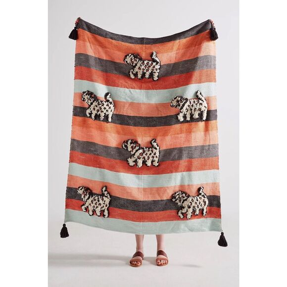 New Anthropologie Richmond Throw Blanket Animal Dog Hand Tufted Tassels 50x60